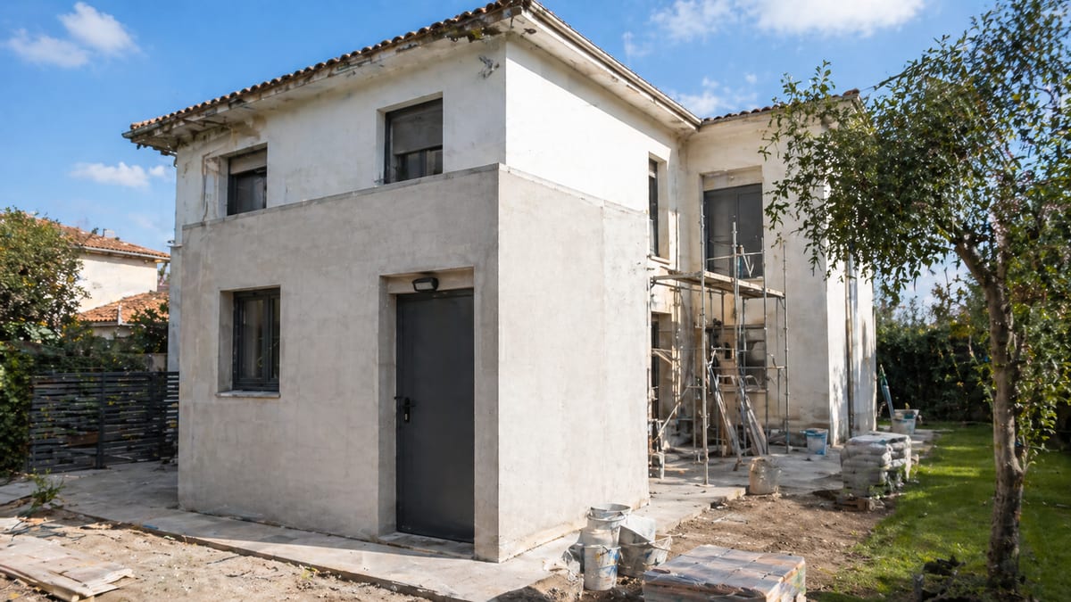 בית פרטי בסגנון ים תיכוני במהלך שיפוץ, עם תוספת ממ